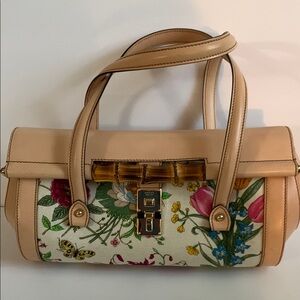 GUCCI Leather & Floral/Butterfly Fabric Shoulder Bag with Bamboo & Gold Closure